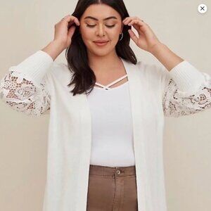 White Cardigan Eyelet Lace Balloon Sleeve Sweater